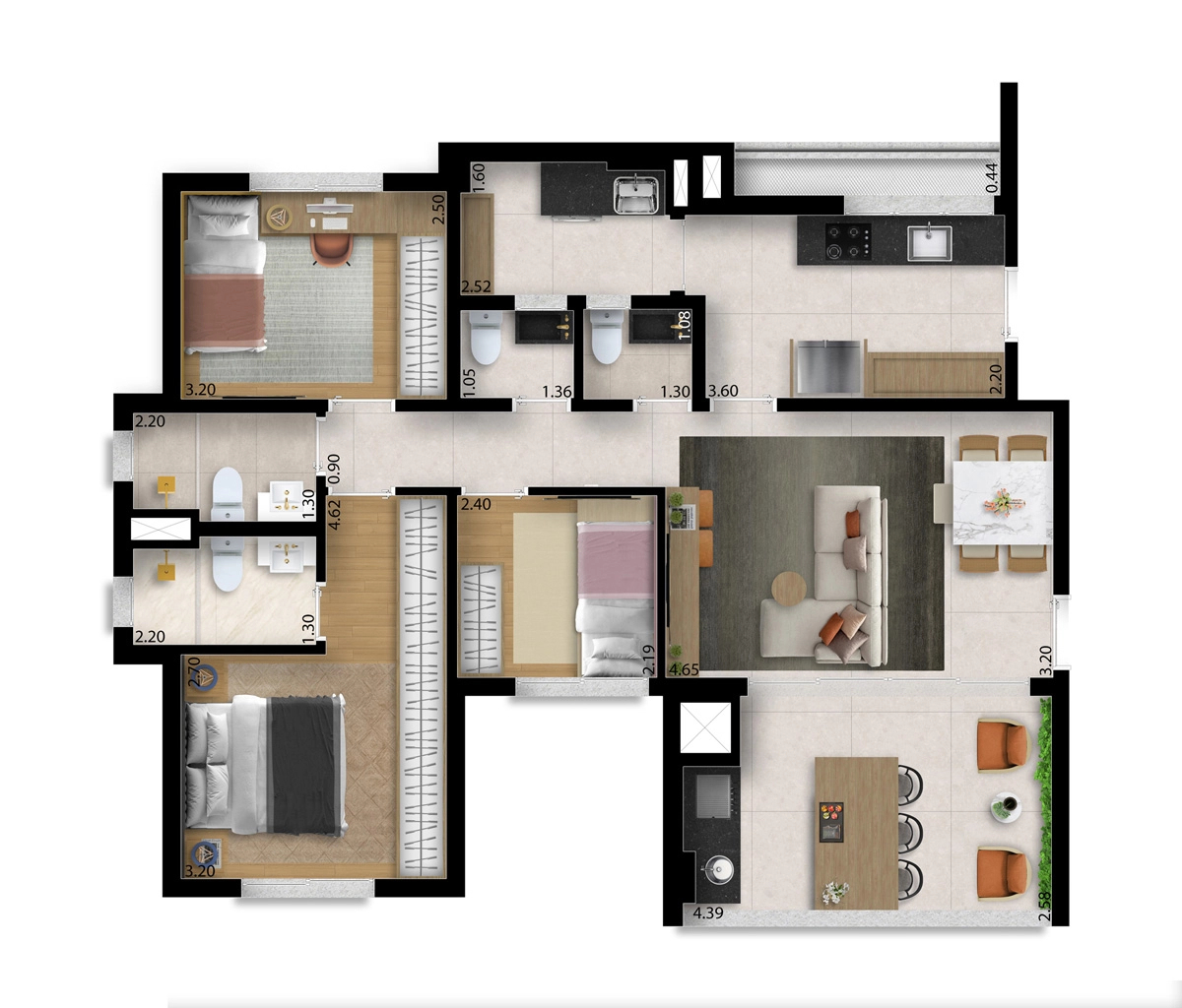 Planta 01 - 3 dorm 94m²