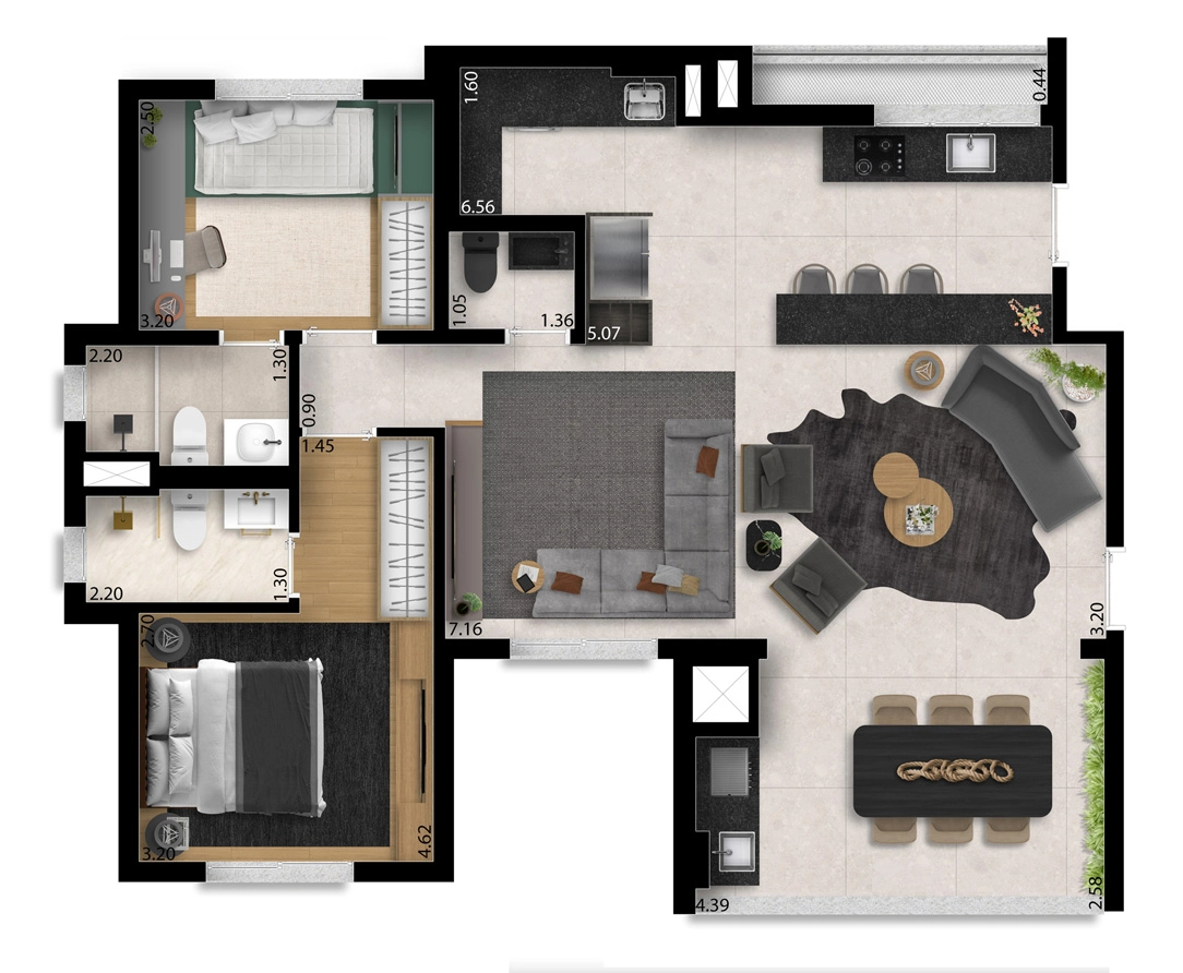 Planta 04 - 2 dorm 94m² - opção 3