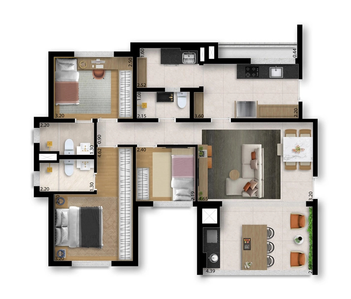 Planta 05 - 3 dorm 94m² - opção 4