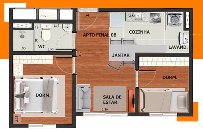 Planta 03 - 2 dorm 35 95m²