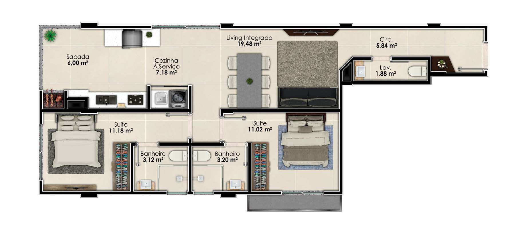Planta 02 - 2 dorm 78m²