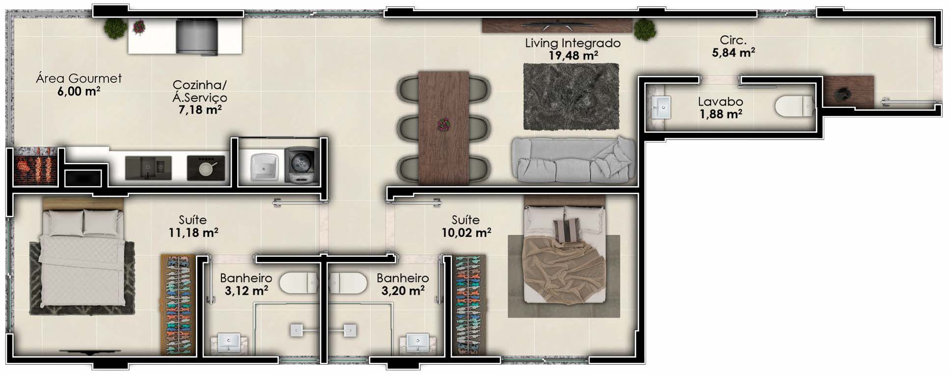 Planta 03 - 2 dorm 80m²