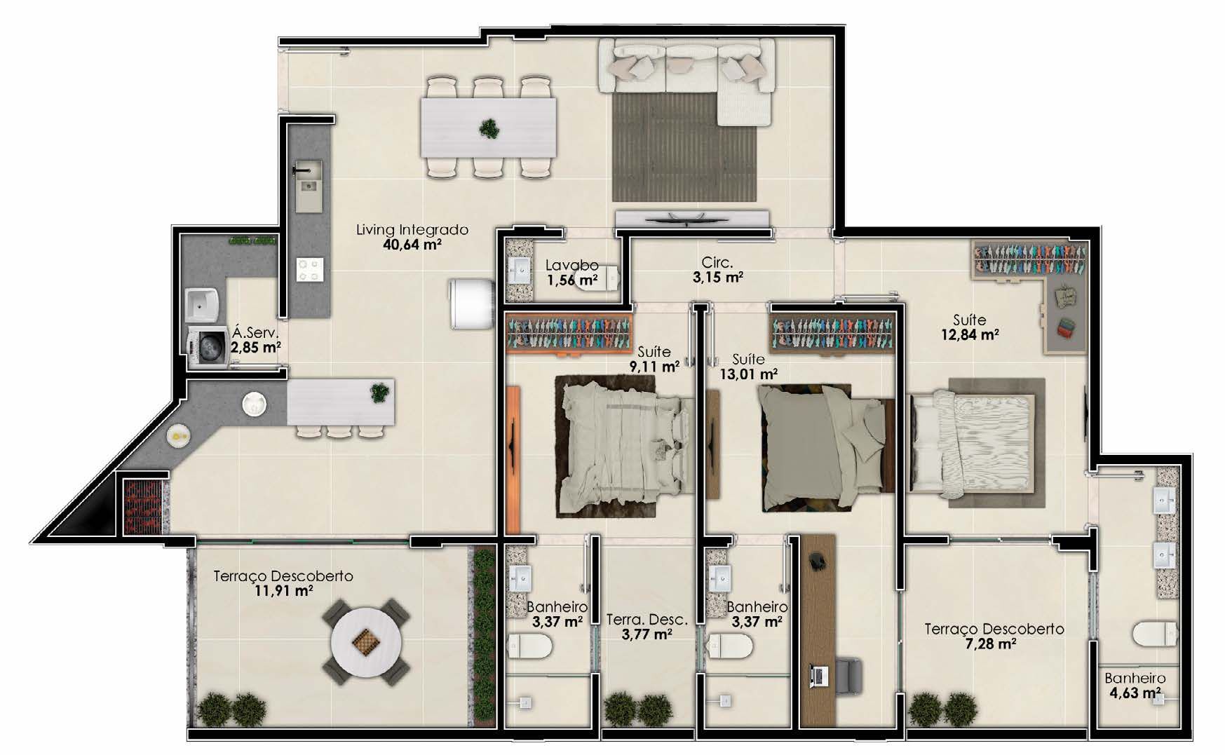 Planta 05 - 3 dorm 135m² - garden