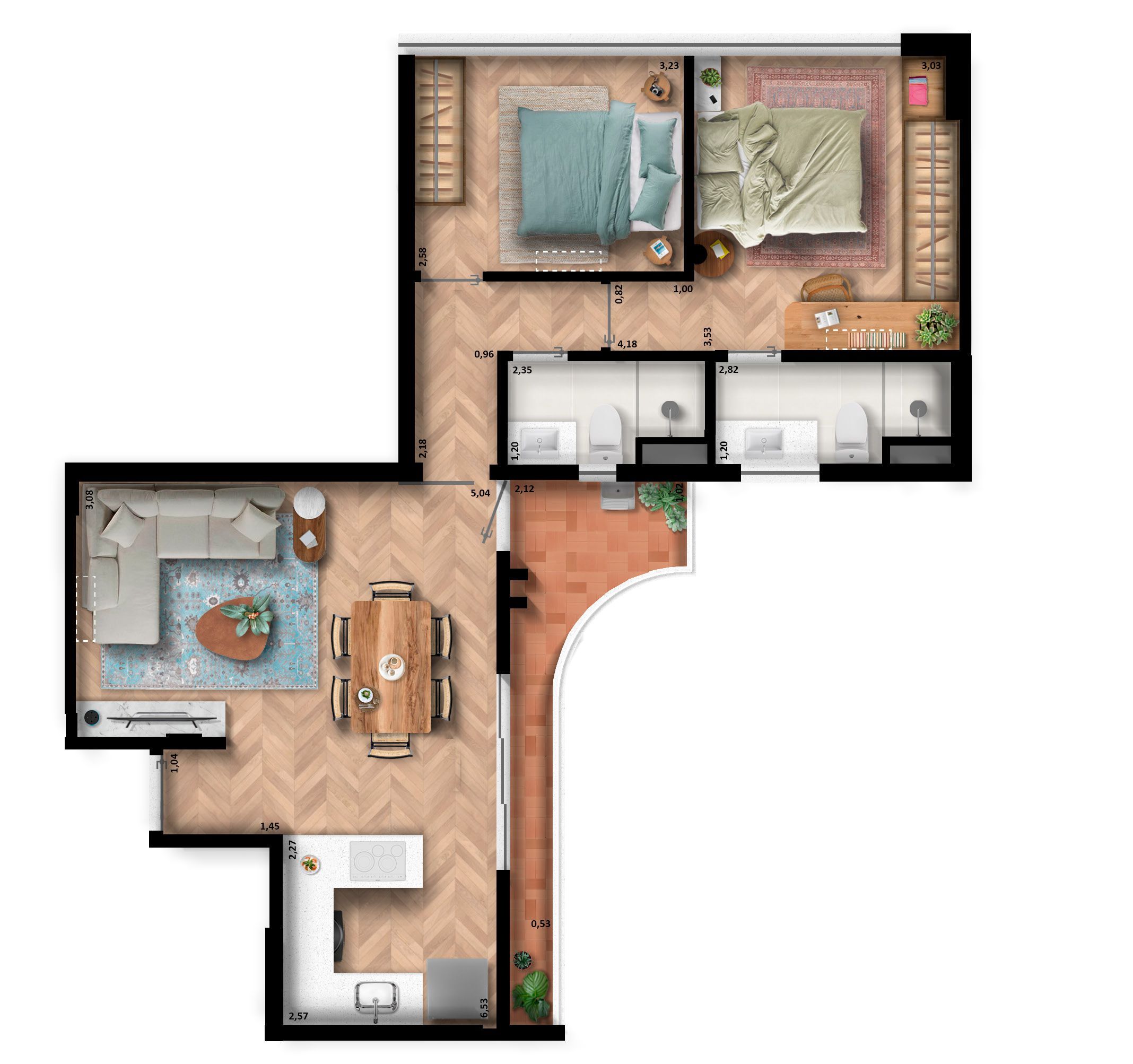 Planta 10 - 2 dorm 71 14m²