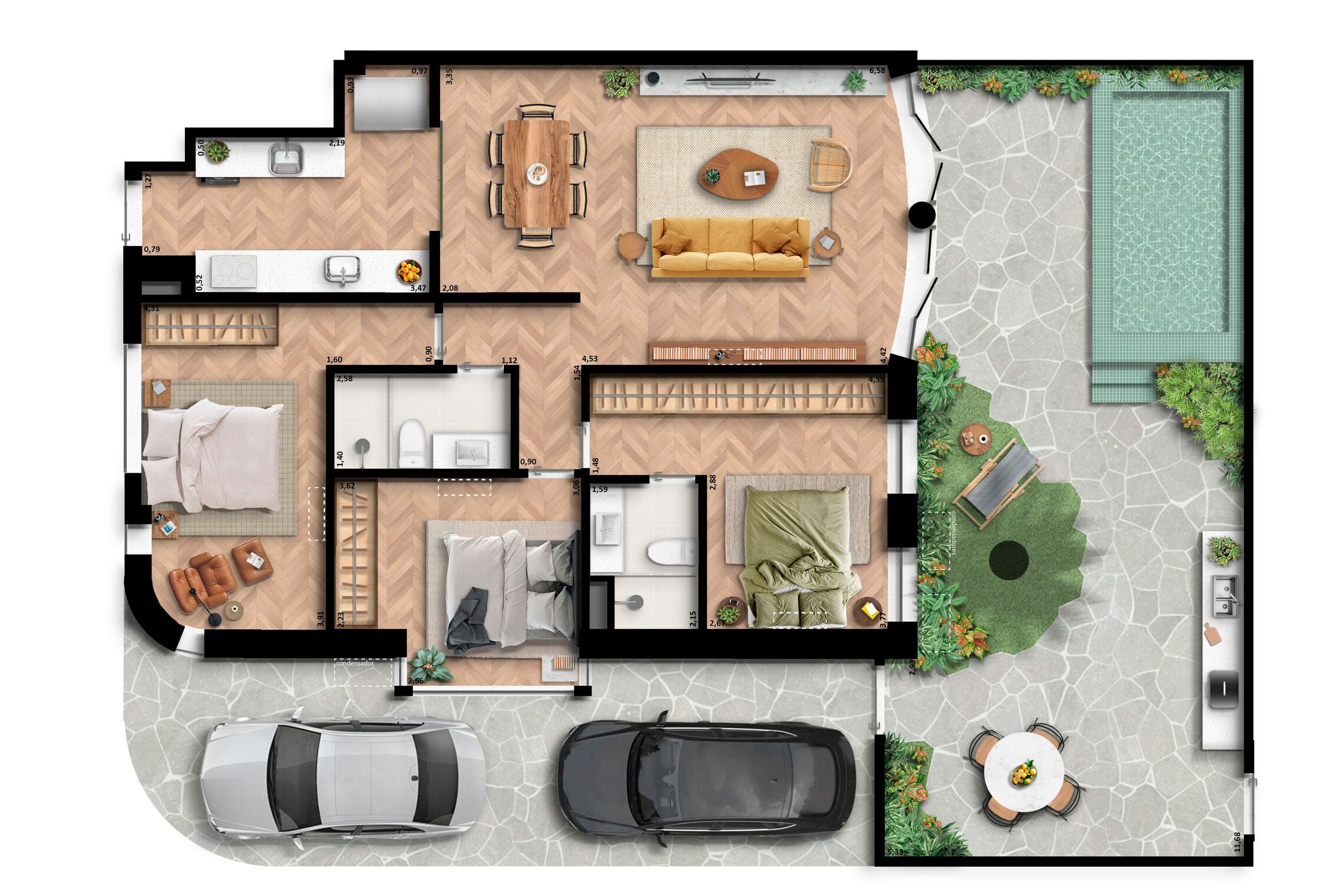 Planta 14 - 3 dorm 192 54m² - garden