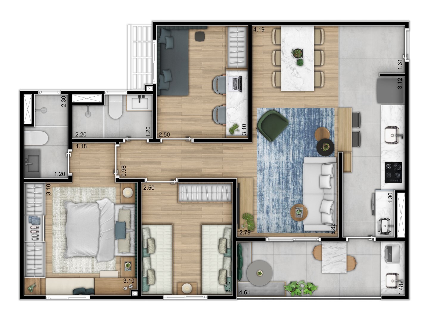 Planta 02 - 3 dorm 74m²