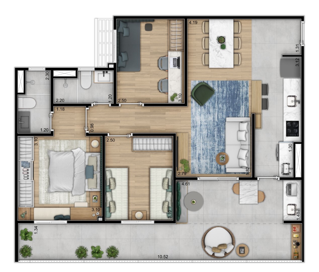 Planta 04 - 3 dorm 88m² - garden