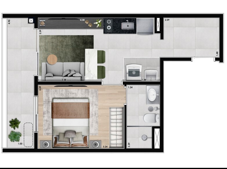 Planta 02 - 1 dorm 35m²