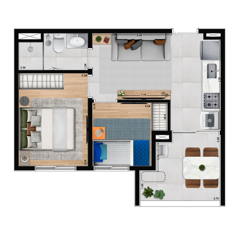 Planta 03 - 2 dorm 37m²