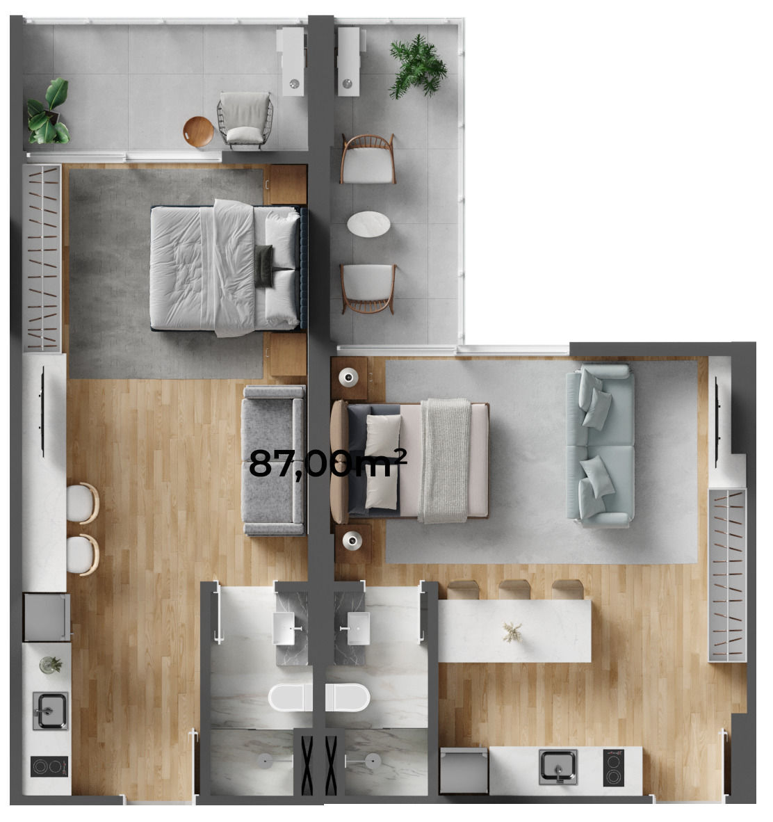 Planta 07 - 2 dorm 87 00m² - junção