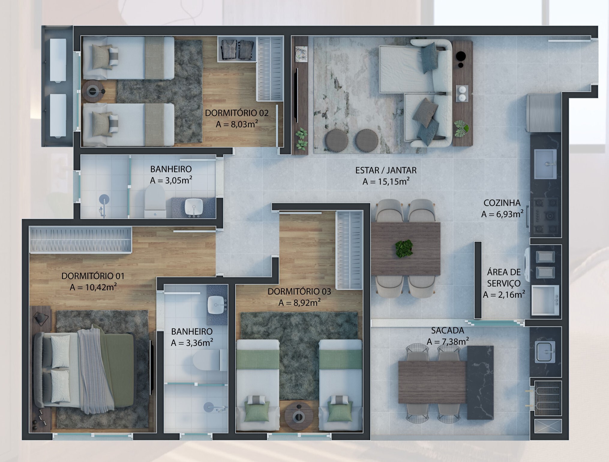 Planta 03 - 3 dorm 77 50m²