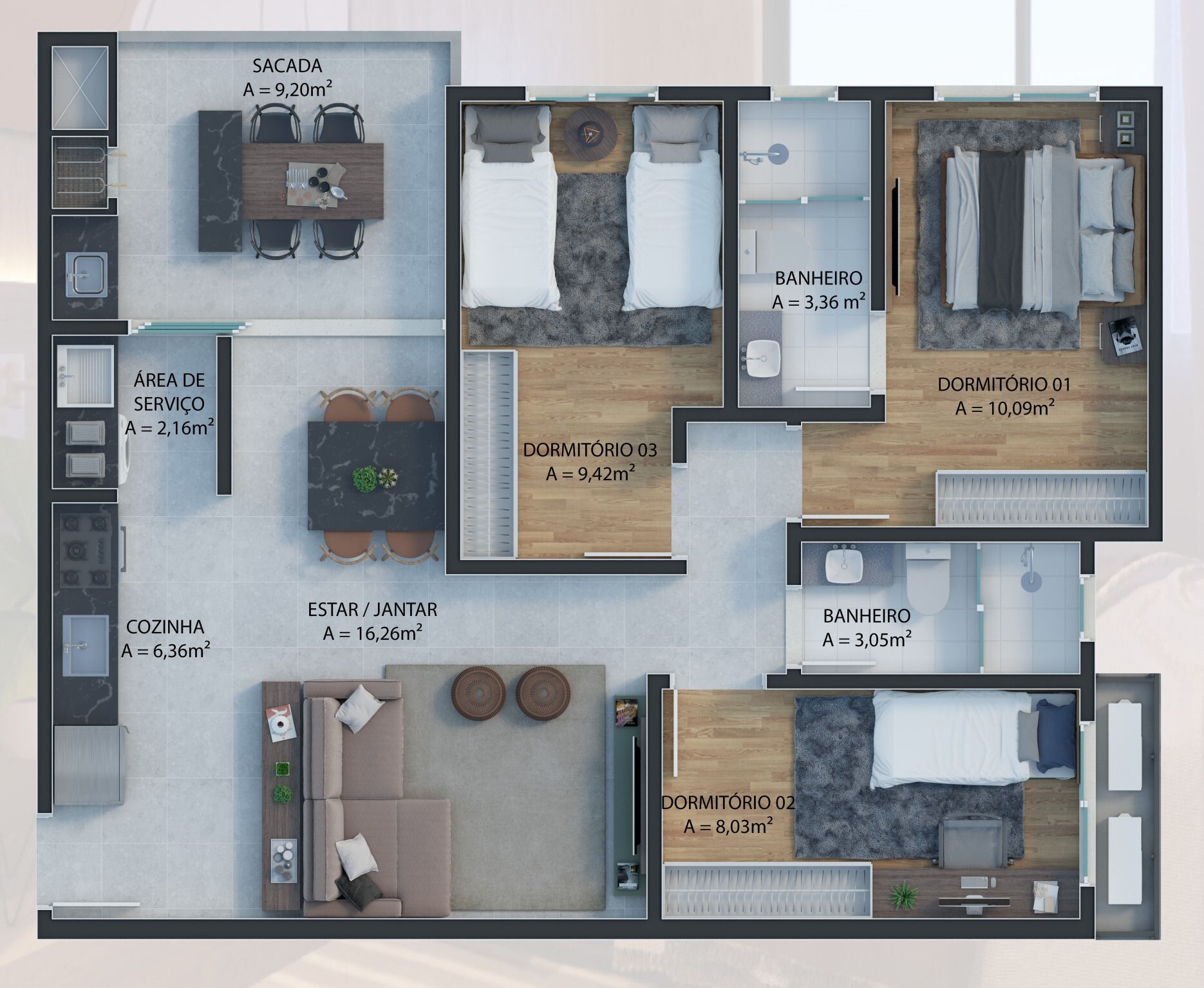 Planta 04 - 3 dorm 80m²