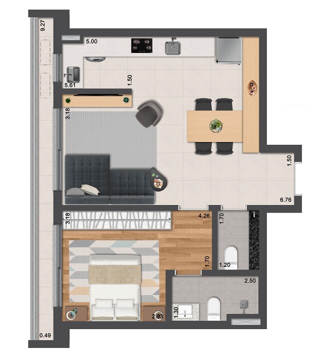 Planta 01 - 1 dorm 59 30m²