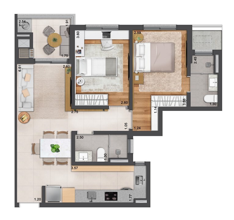 Planta 02 - 2 dorm 68 72m²