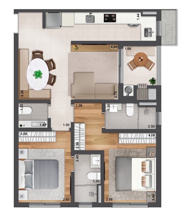 Planta 03 - 2 dorm 70 22m²