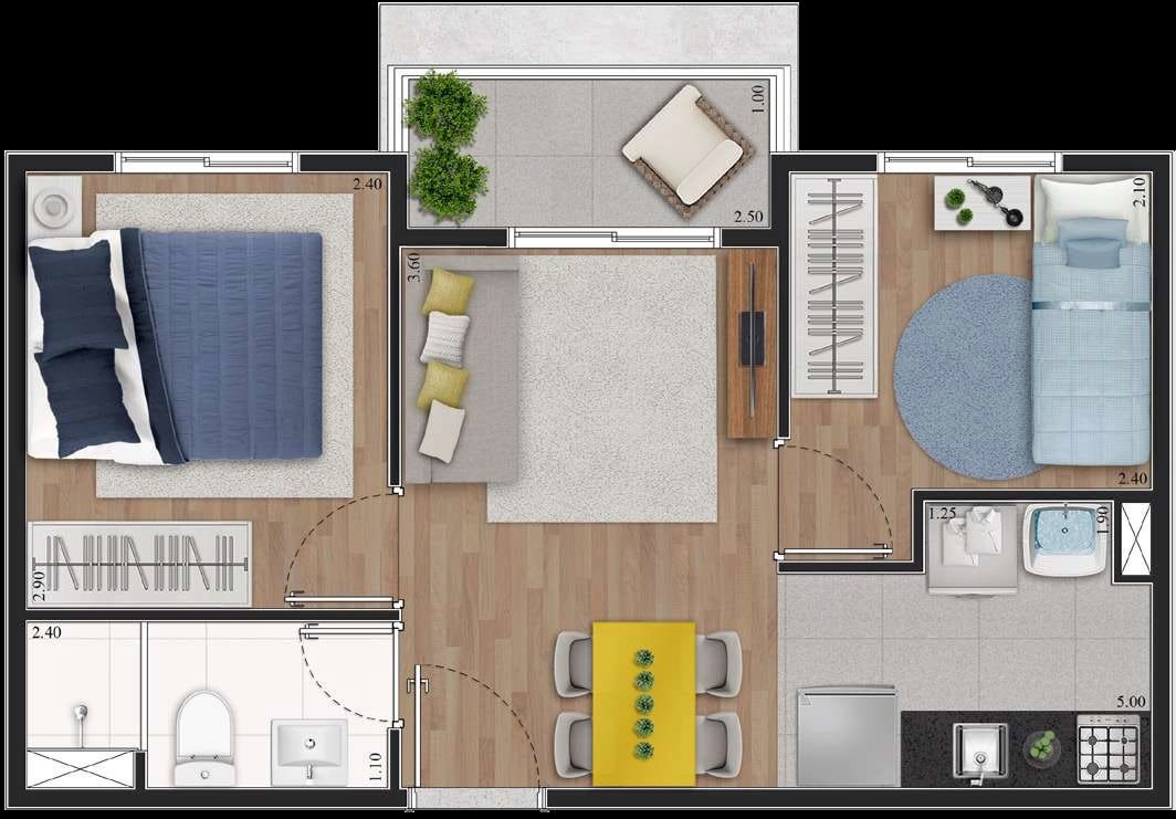 Planta 01 - 2 dorm 36 50m²