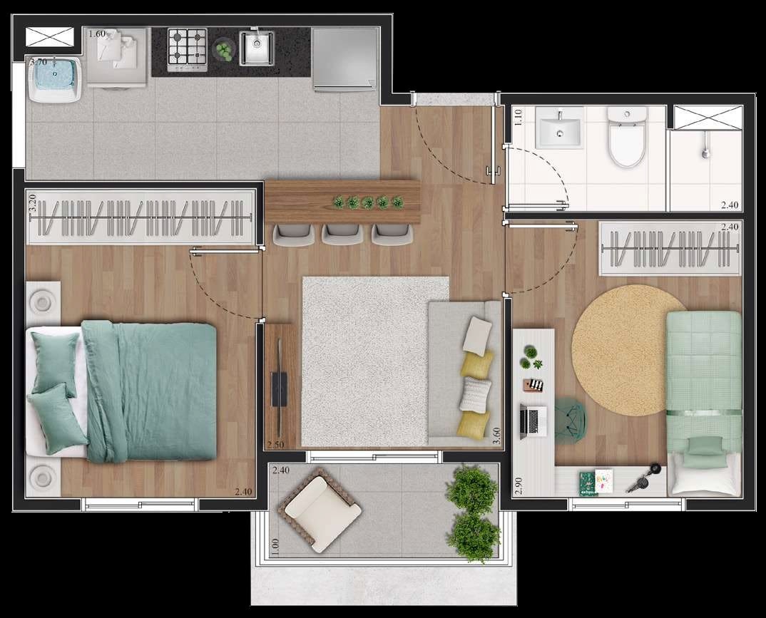 Planta 03 - 2 dorm 39 50m²