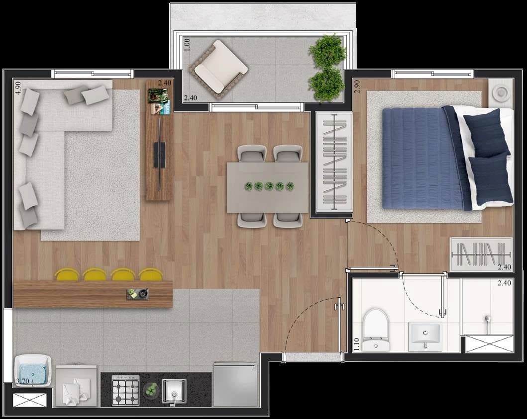 Planta 04 - 1 dorm 39 50m² - opção