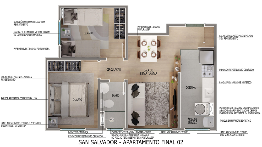 Planta 01 - 2 dorm 43 14m²