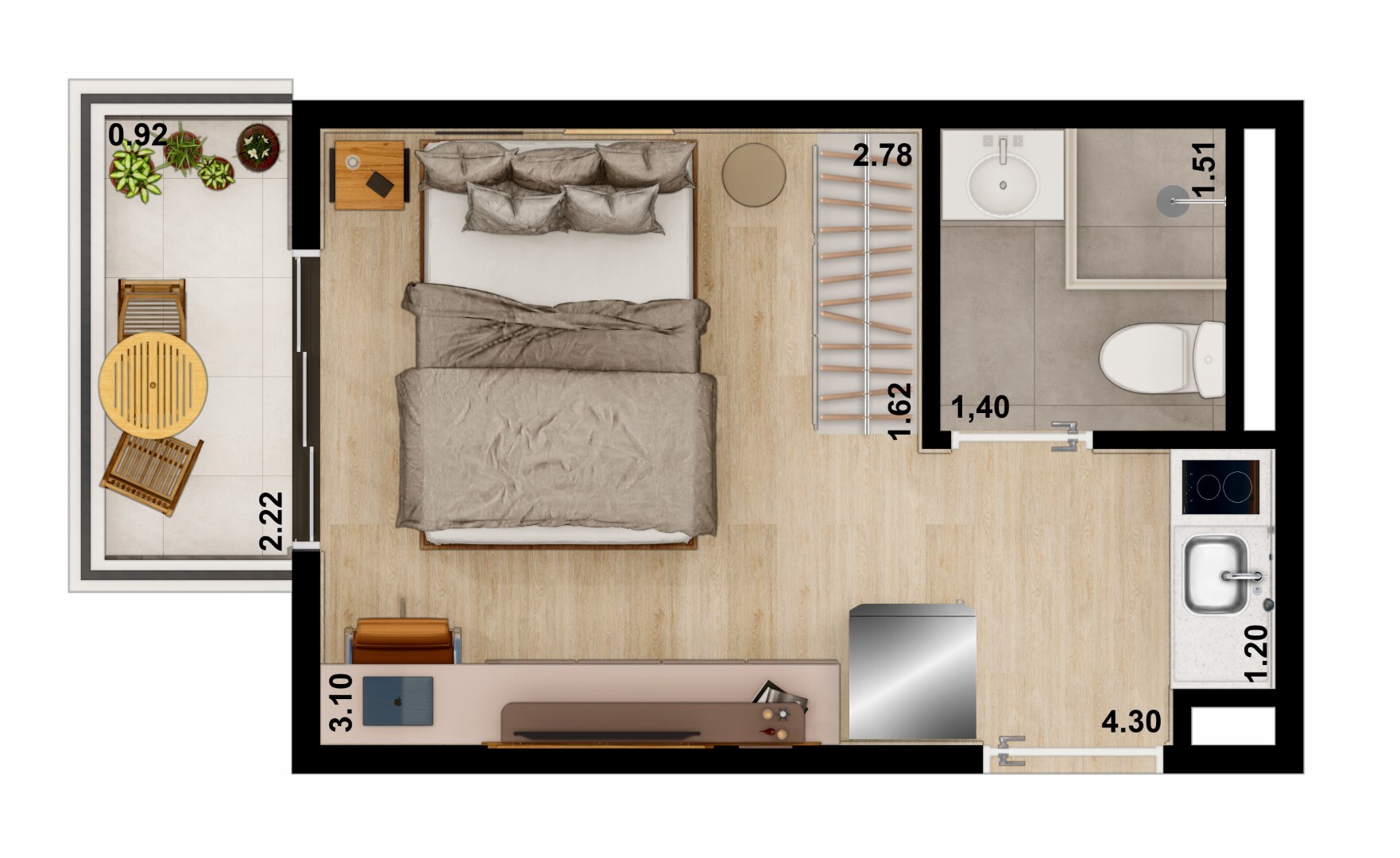 Planta 02 - 1 dorm 19 53m² - studio