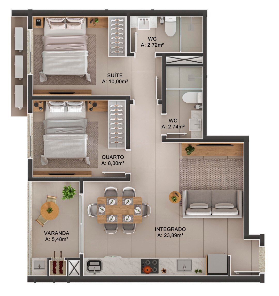 Planta 01 - 2 dorm 60 07m²