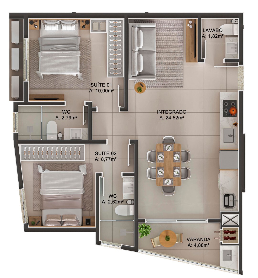 Planta 03 - 2 dorm 63 77m²