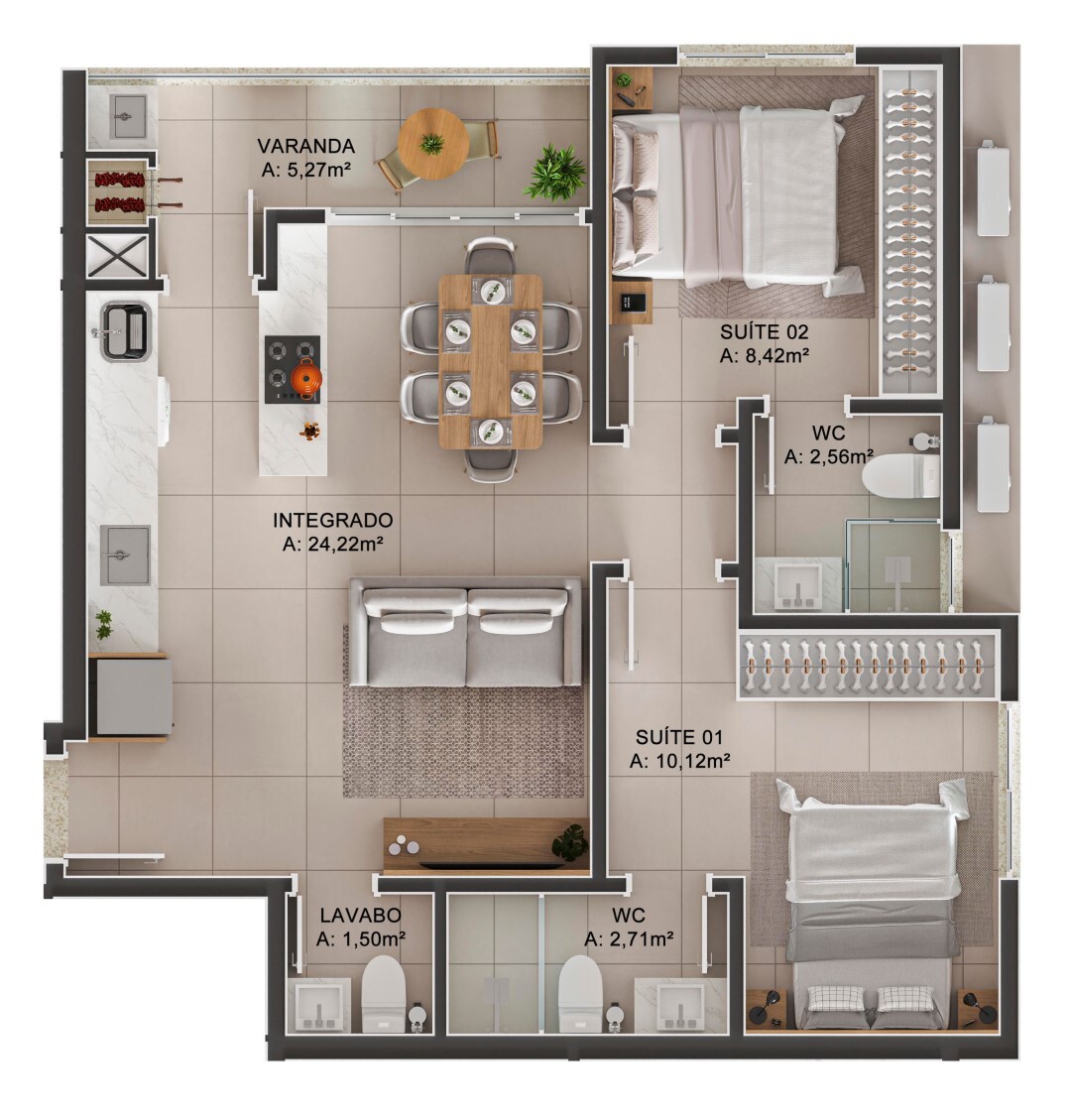 Planta 04 - 2 dorm 64 04m²