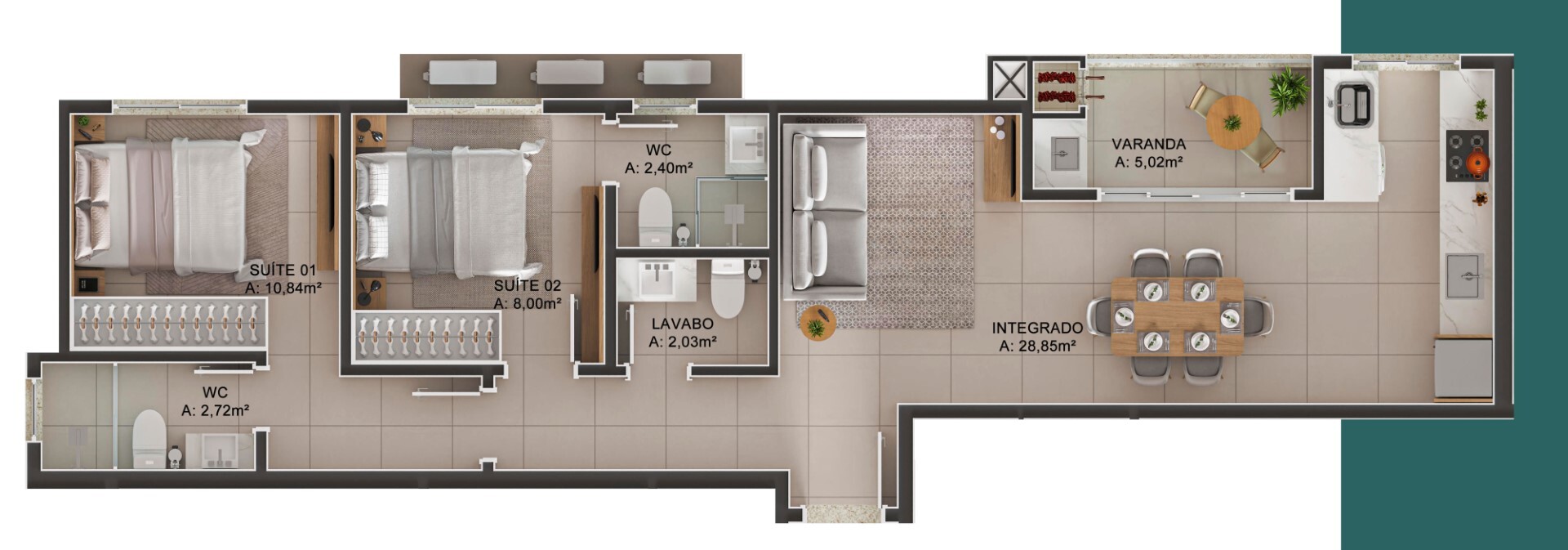 Planta 11 - 2 dorm 70 00m²
