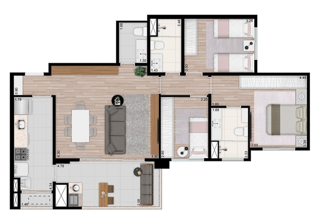Planta 01 - 3 dorm 92m²