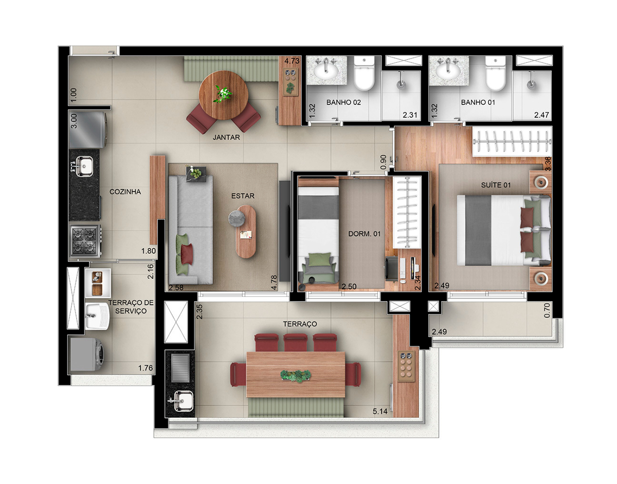 Planta 01 - 2 dorm 71m²