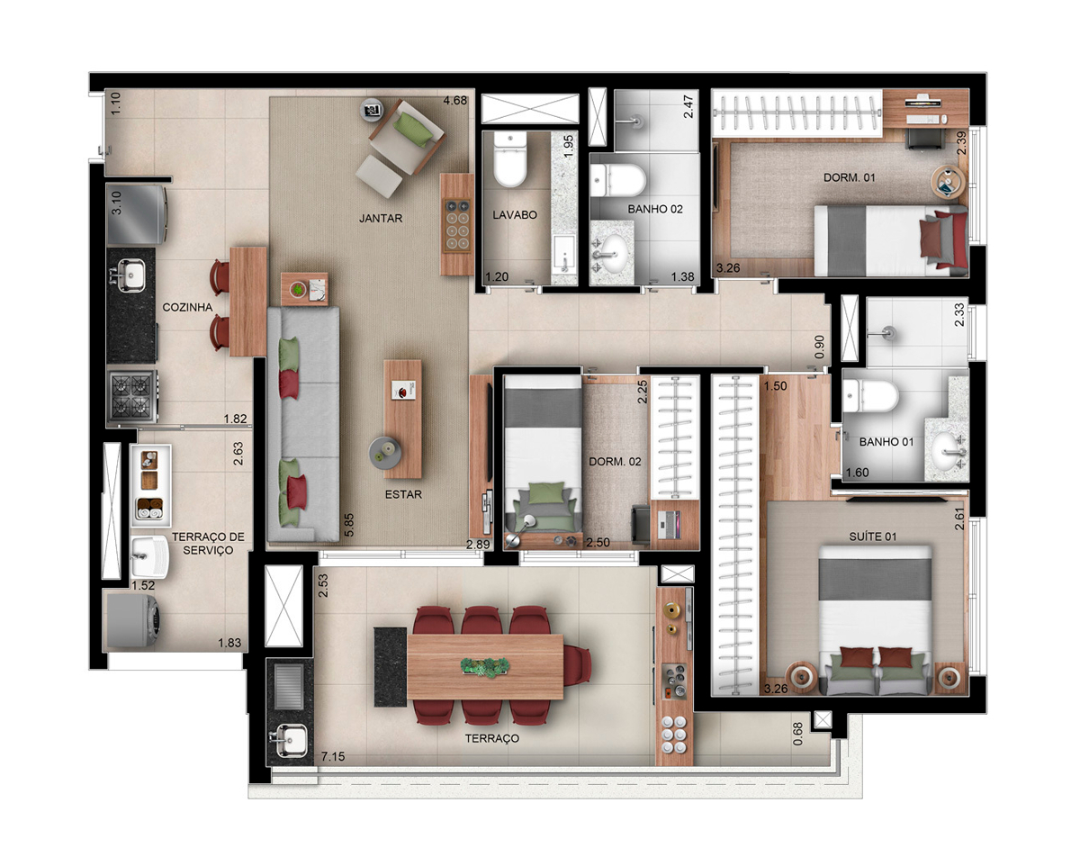 Planta 02 - 3 dorm 95m²