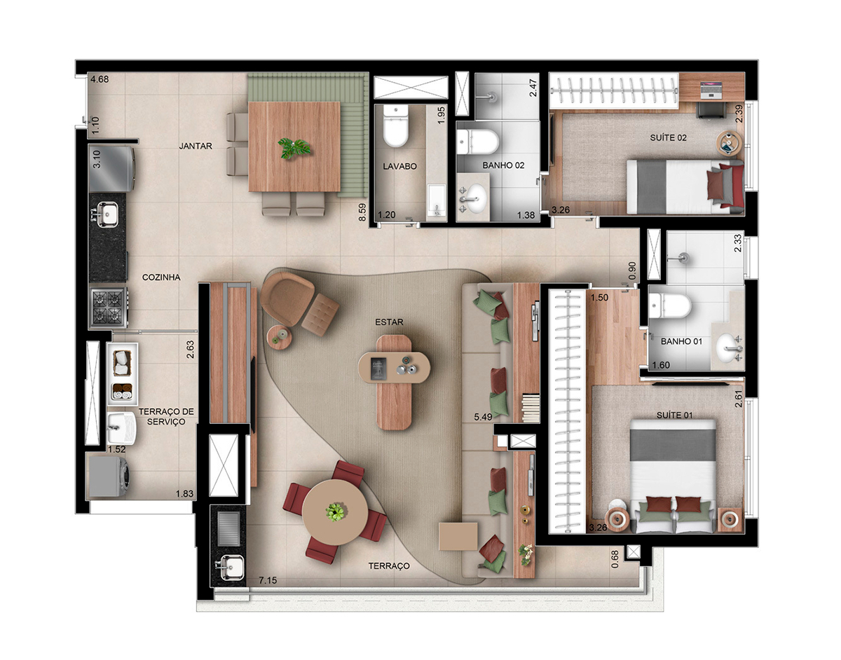 Planta 03 - 2 dorm 95m² - opção