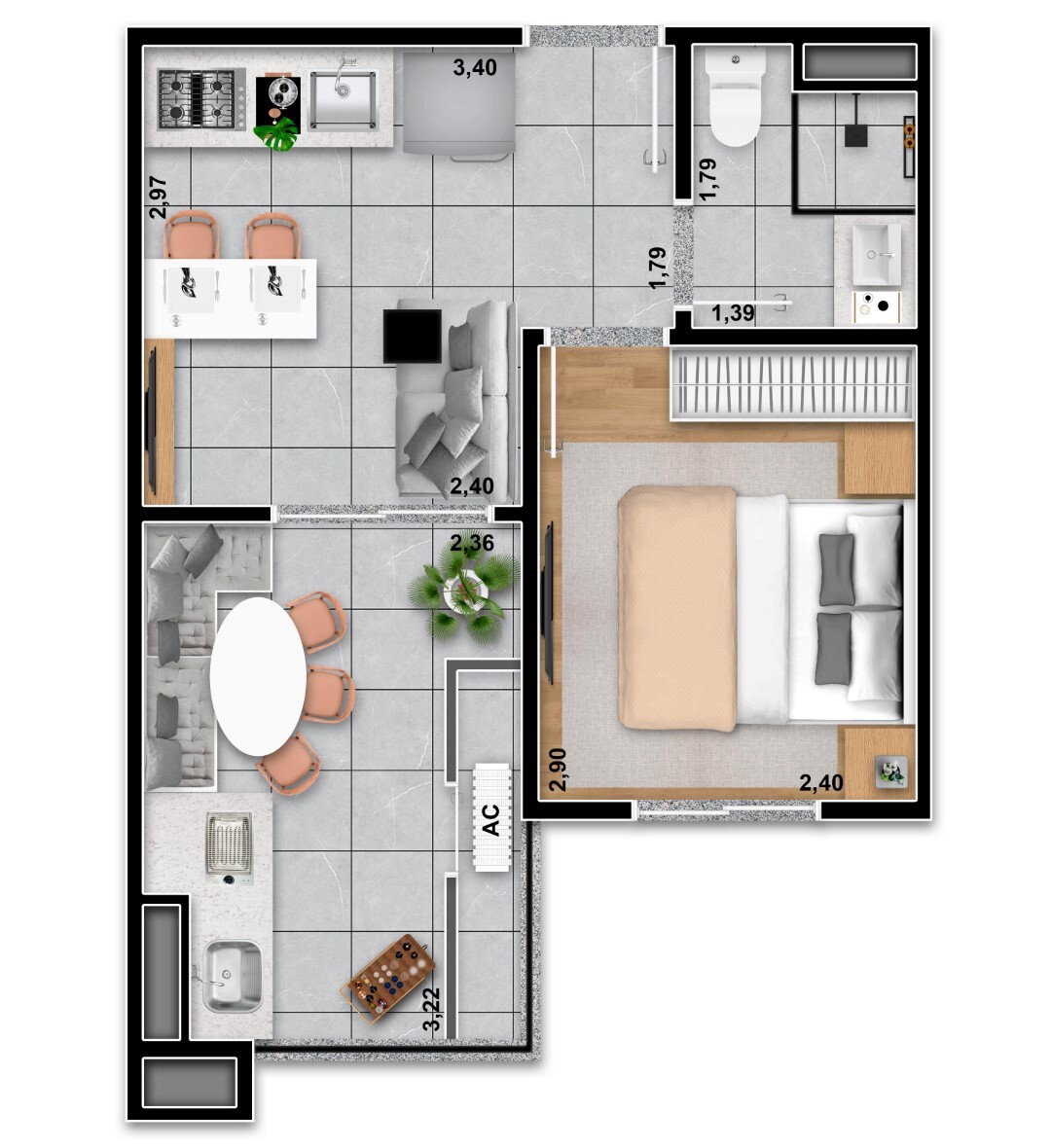 Planta 01 - 1 dorm 30 52m²