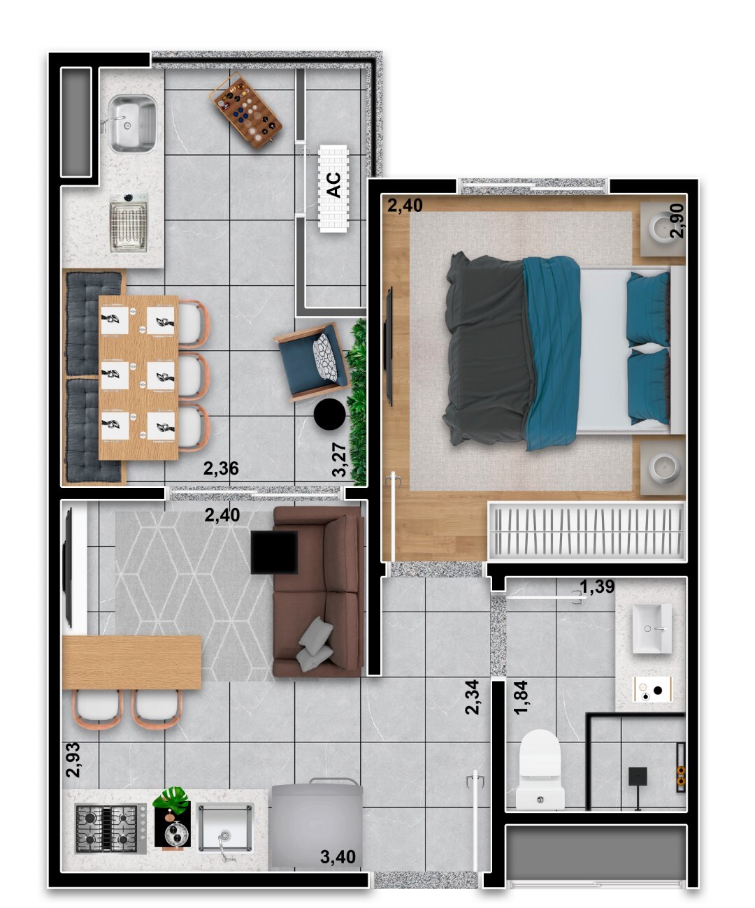 Planta 03 - 1 dorm 30 85m²