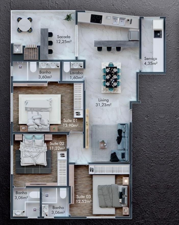Planta 01 - 3 dorm 110,76m²