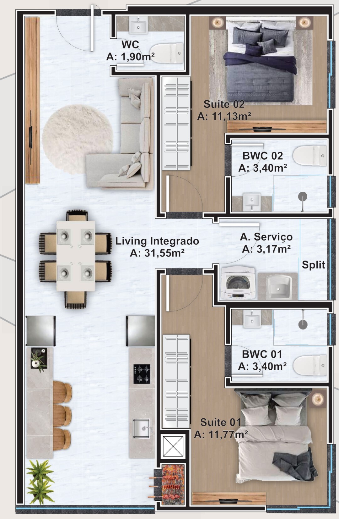 Planta 01 - 2 dorm 80,01m²