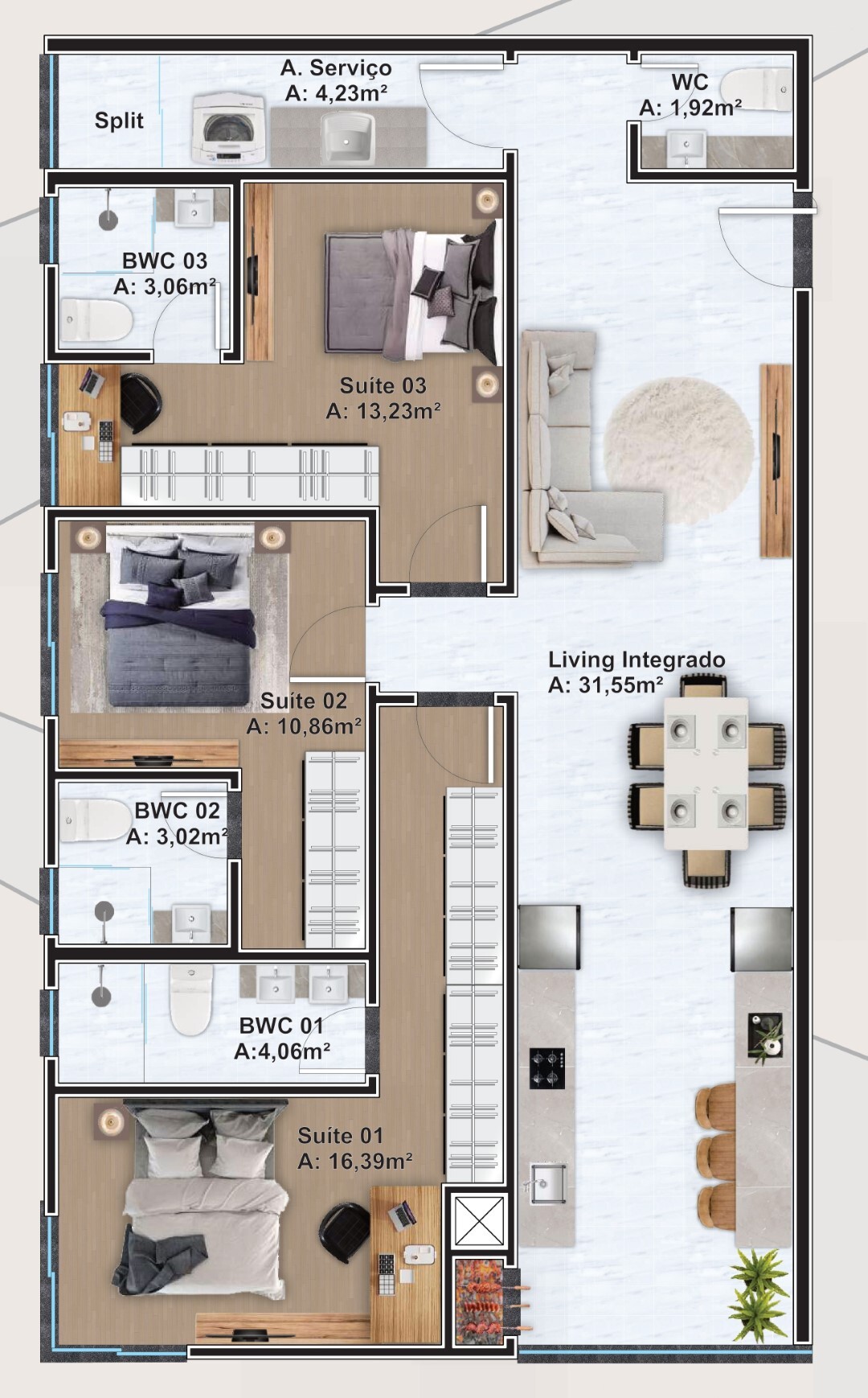 Planta 03 - 3 dorm 109,21m²