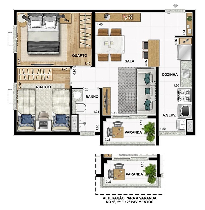 Planta 01 - 2 dorm 47,87m²