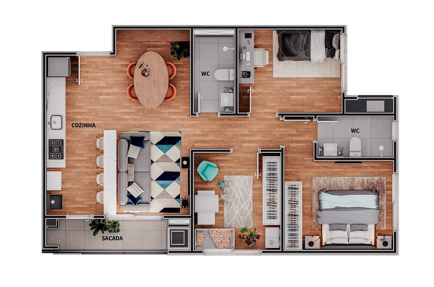 Planta 03 - 3 dorm 74,53m²