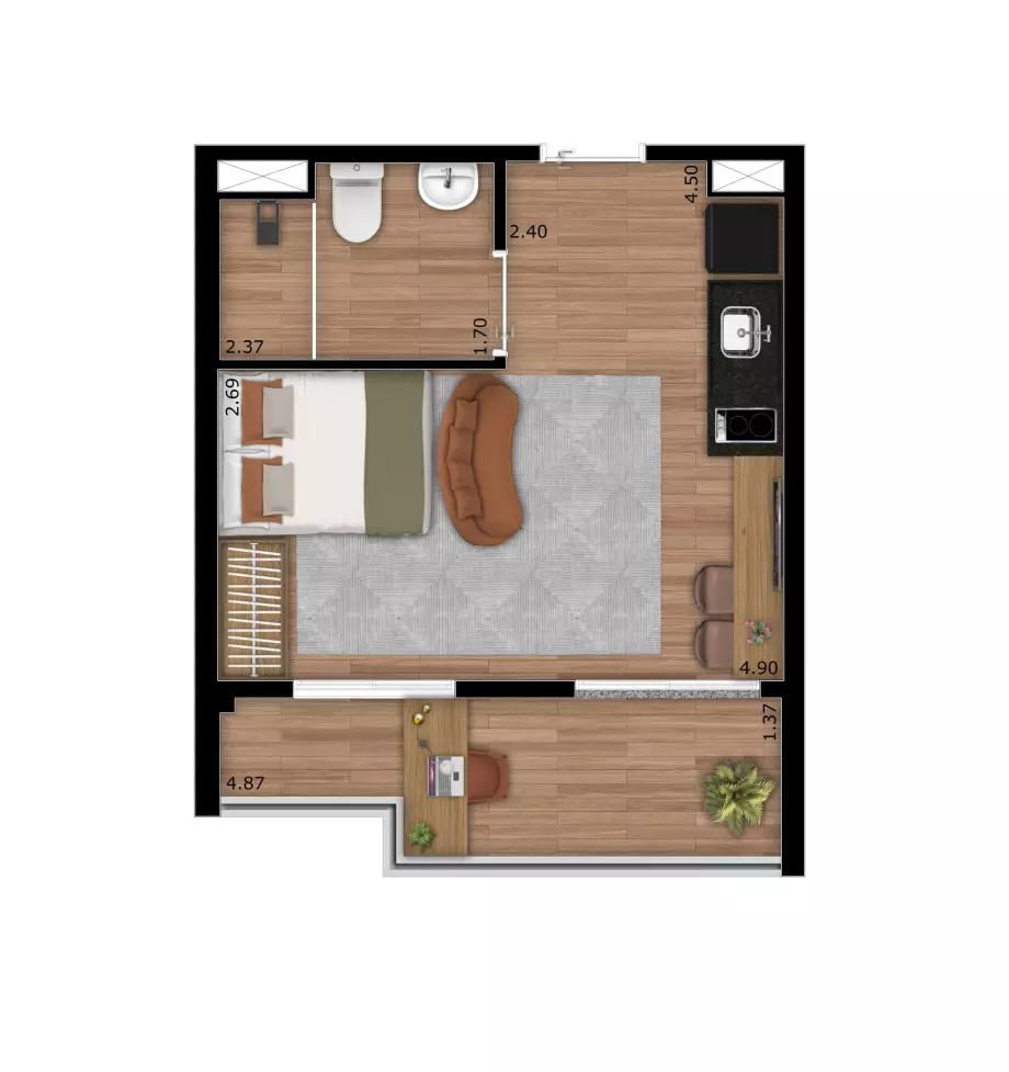 Planta 01 - 1 dorm 31m² - studio