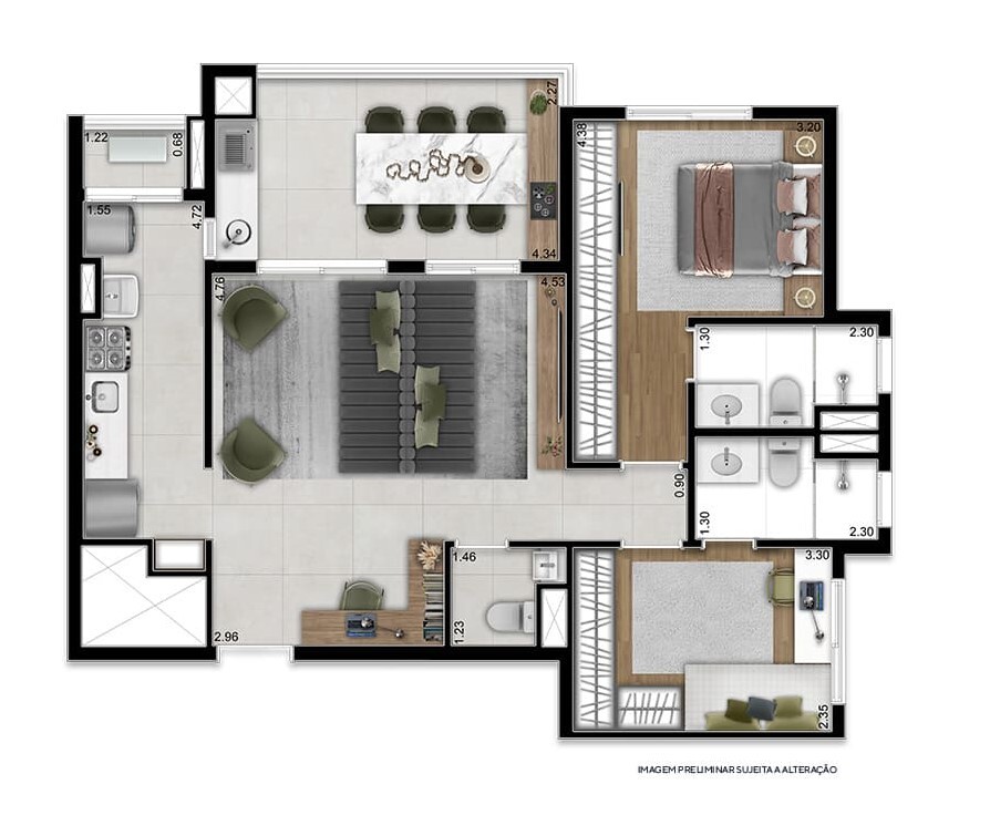 Planta 06 - 2 dorm 77m² - opção 1