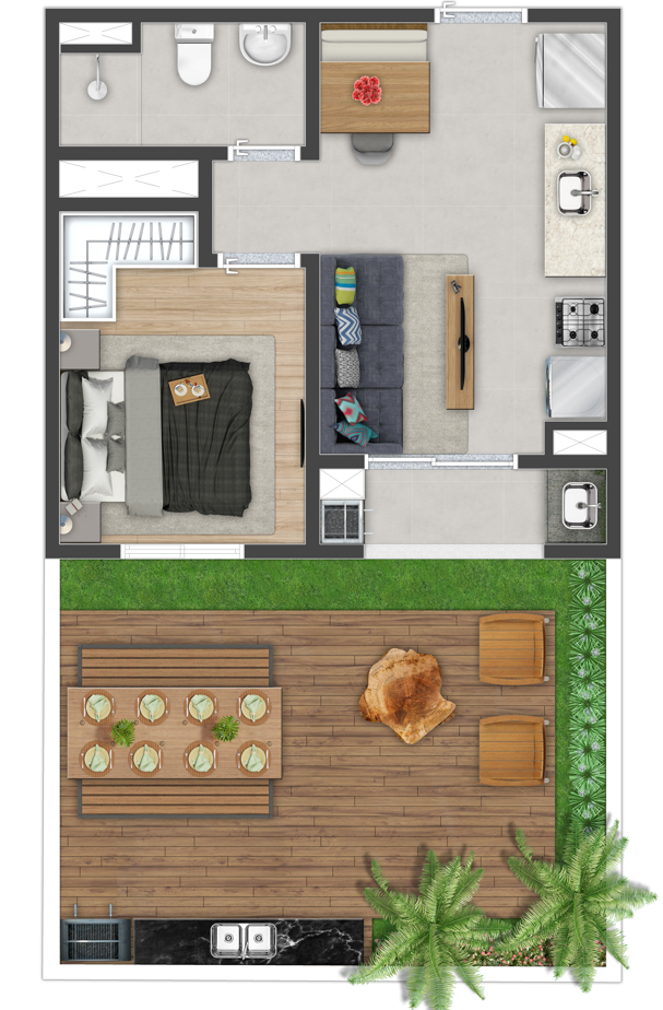 Planta 03 - 1 dorm 51,86m² - garden