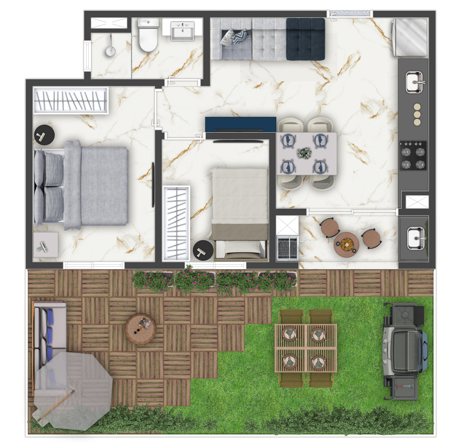 Planta 04 - 2 dorm 66,16m² - garden