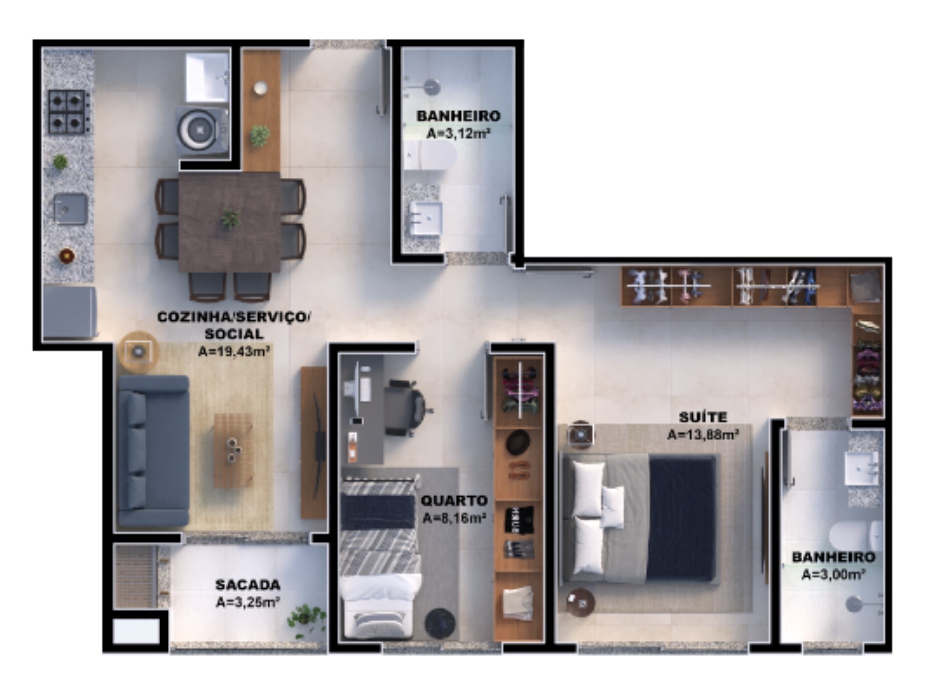 Planta 03 - 2 dorm 59,92m²