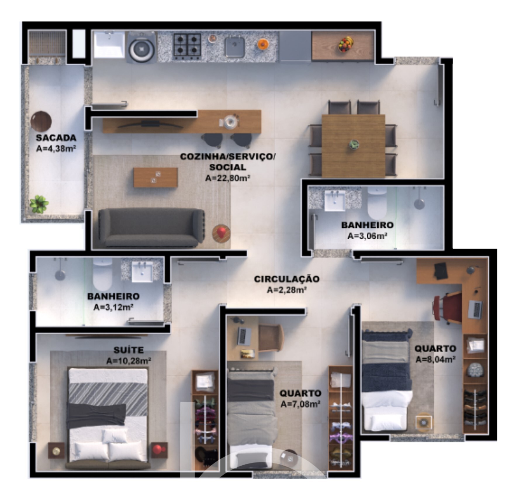 Planta 05 - 3 dorm 69,55m²