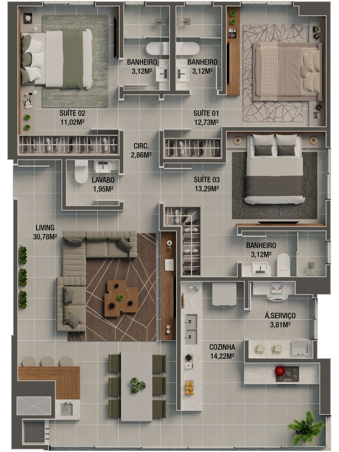 Planta 02 - 3 dorm 116,40m²