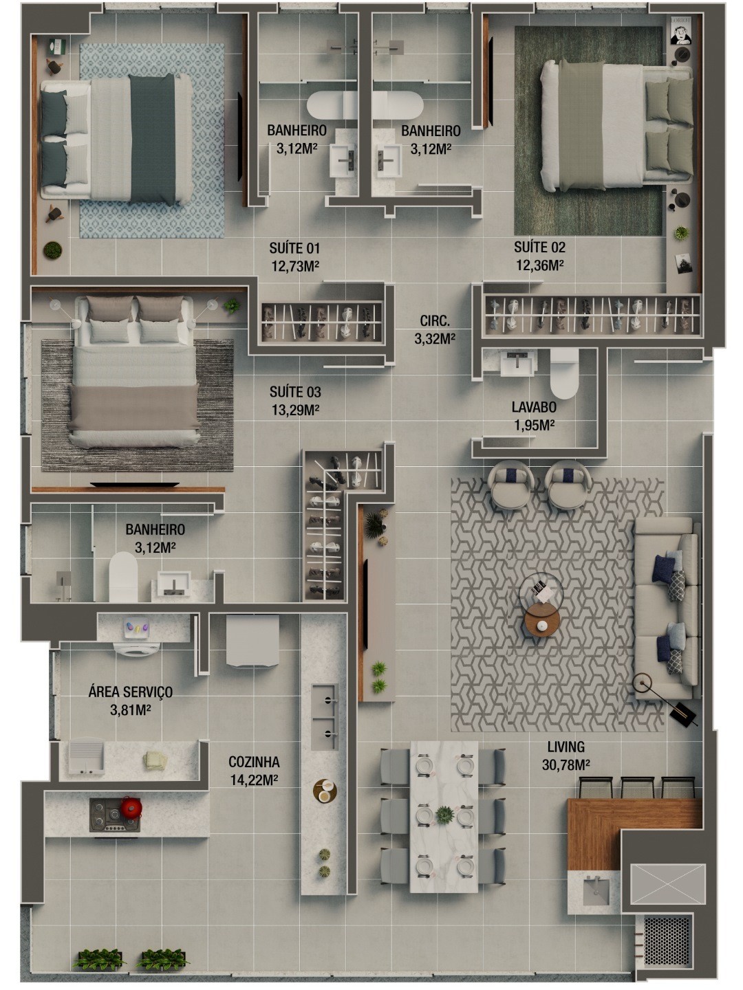 Planta 03 - 3 dorm 116,50m²