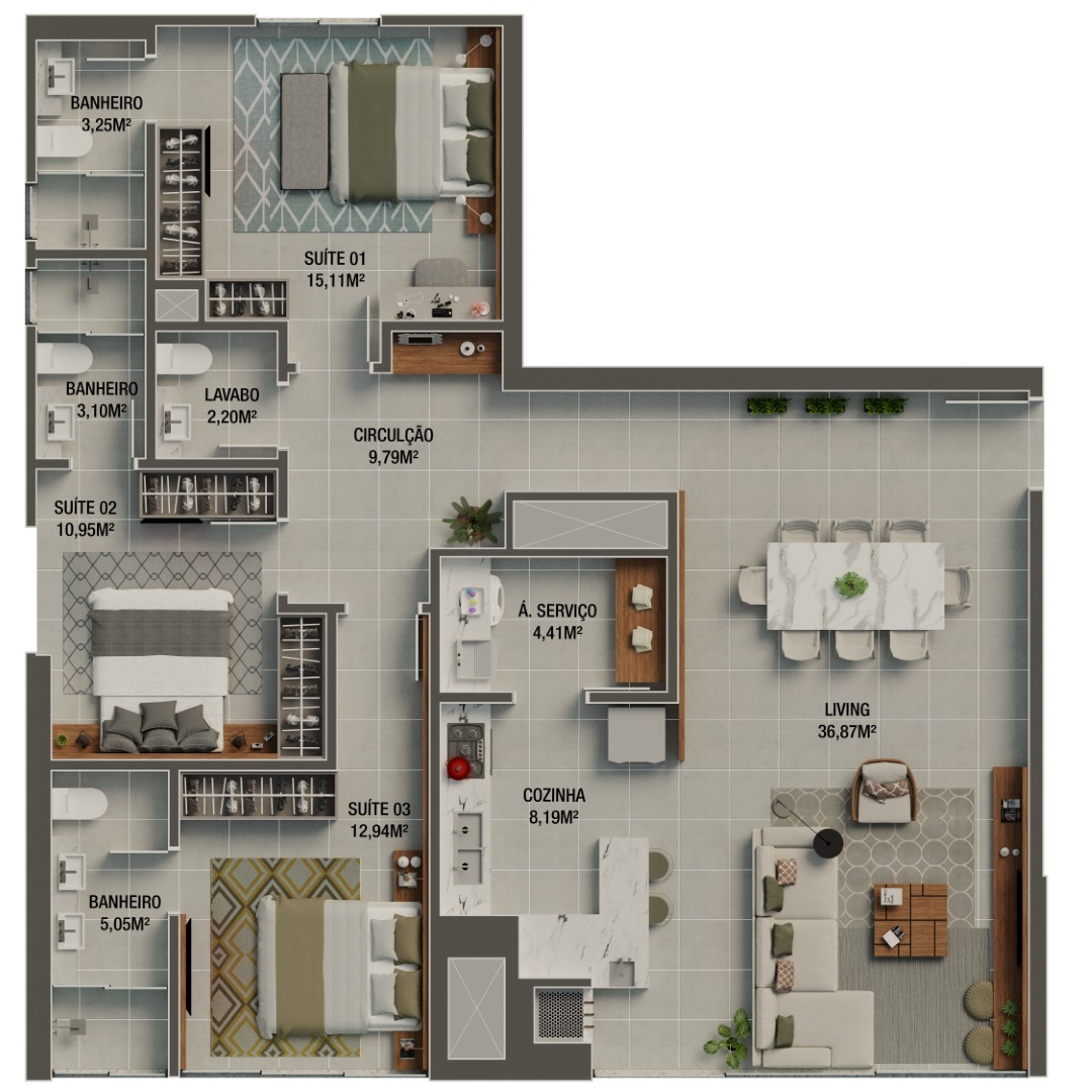 Planta 05 - 3 dorm 128,40m²