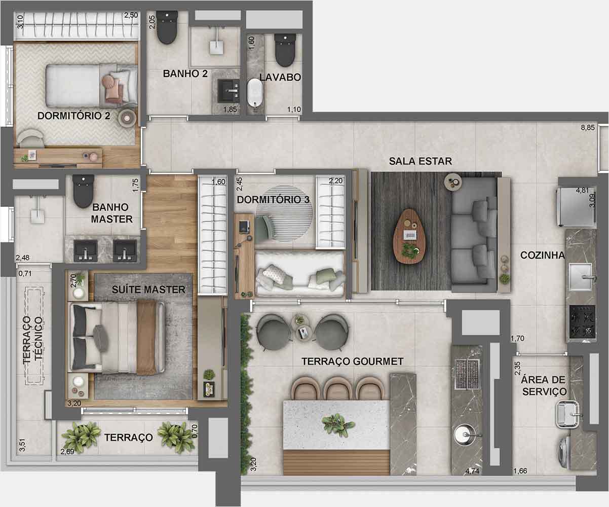 Planta 03 - 3 dorm 96m²