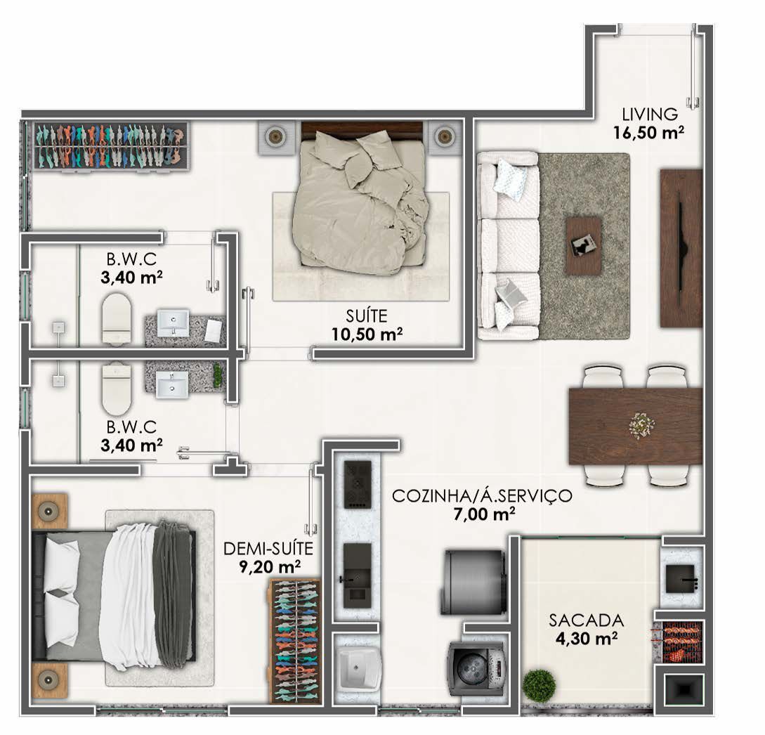 Planta 01 - 2 dorm 61,02m²